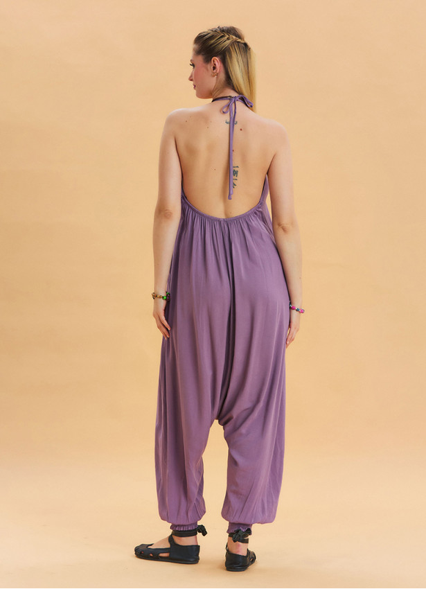 Lilac Bohemian Jumpsuit with Elasticated Legs and Tied Neck 4486